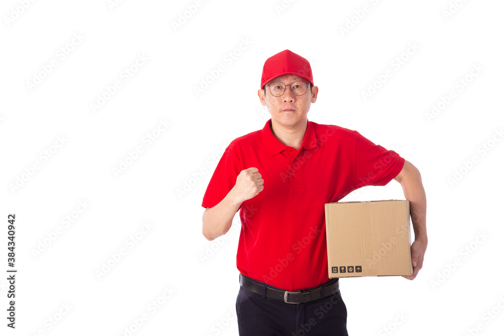 young Asian delivery man in red uniform, carry cardboard box in hands isolated on white background. young Asian delivery man in red uniform, carry cardboard box in hands isolated on white background.