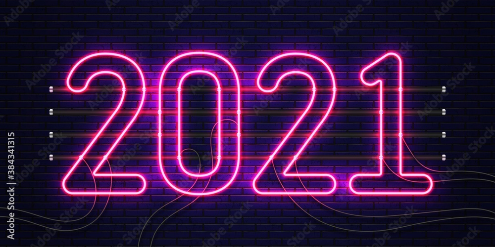 2021 neon text. Happy 2021 new year neon banner. Vector Illustration.