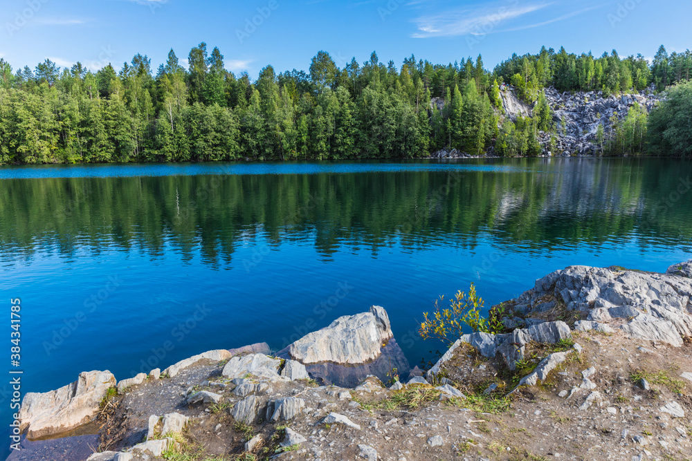 Marble Lake in Ruskeala Mountain Park. Karelia, Russia. An old abandoned quarry, which delivered stone for almost three centuries,  a monument to the industrial history 