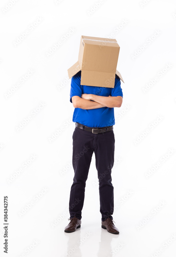 man in a blue T-shirt with a cardboard box on his head makes a gesture with his hands man in a blue T-shirt with a cardboard box on his head makes a gesture with his hands