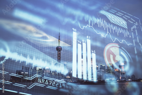 Photography Double exposure of technology theme hologram and cityscape background