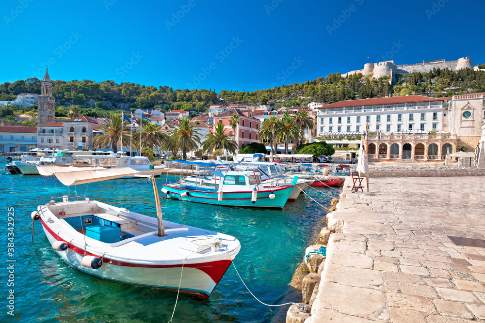Turquoise waterfront and harbor of old town of Hvar