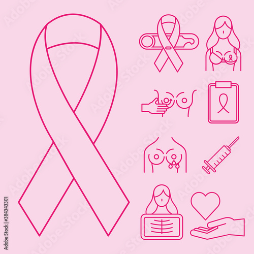 breast cancer line style set of icons vector design