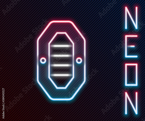 Glowing neon line Rafting boat icon isolated on black background. Inflatable boat with paddles. Water sports, extreme sports, holiday, vacation. Colorful outline concept. Vector.