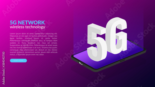 Web banner concept, new fifth generation network technologies, 5G mobile wireless communication. Vector isometric illustration of a smartphone with letters on it. Place for text, button. Copyspace.