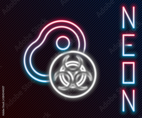 Glowing neon line Genetically modified meat icon isolated on black background. Syringe being injected to meat. Colorful outline concept. Vector.