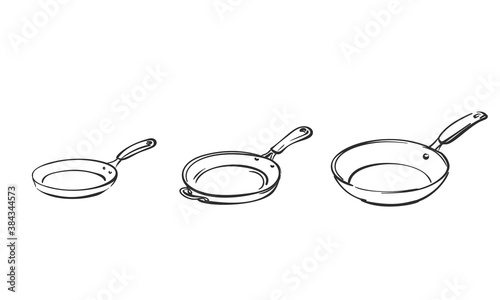 Frying pan doodle set vector sketch, Hand drawn illustration black line on white background isolated. Kitchen utensils for frying food drawing