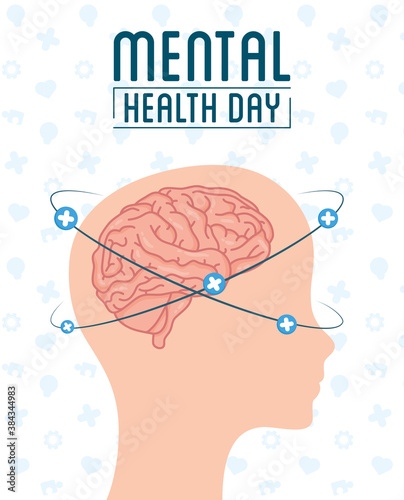 Mental Health Day lettering with head profile and brain