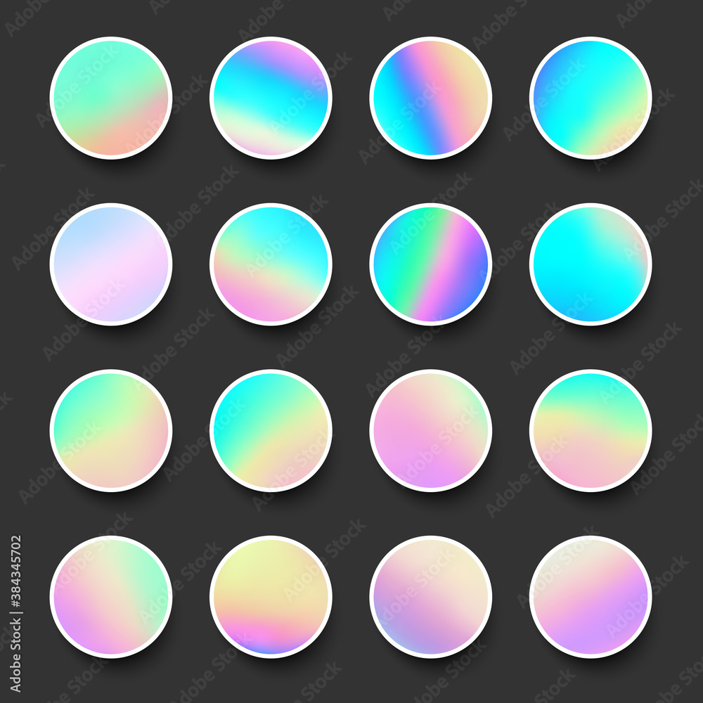 Set of rounded holographic gradient sphere buttons. Set of rounded holographic gradient sphere buttons.