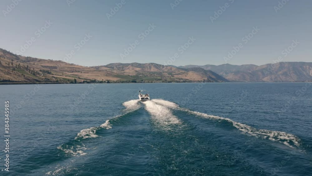 Drone Follow Cam with Fast Speedboat Exploring Eastern Washington Summer Vacation Destination