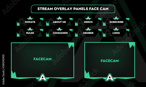 Set of green gaming panels and overlays for streamers. Alerts and buttons. Twitch facecam. 2 sizes rectangle and square. EPS10 vector