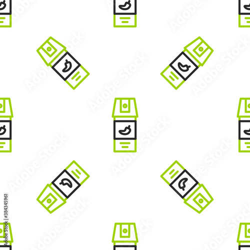 Line Pepper spray icon isolated seamless pattern on white background. OC gas. Capsicum self defense aerosol. Vector.