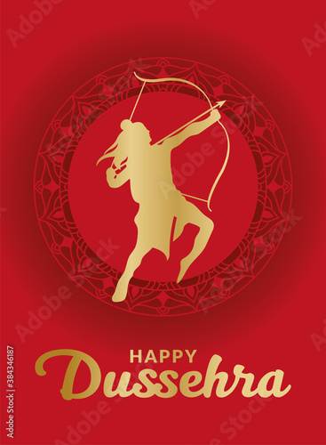 Happy dussehra and lord ram with bow and arrow on red mandala vector design