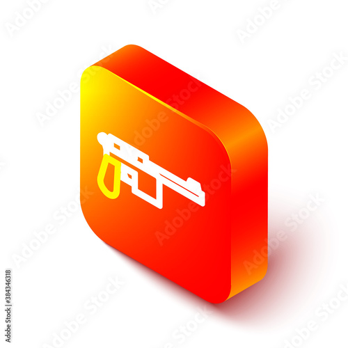 Isometric line Mauser gun icon isolated on white background. Mauser C96 is a semi-automatic pistol. Orange square button. Vector.