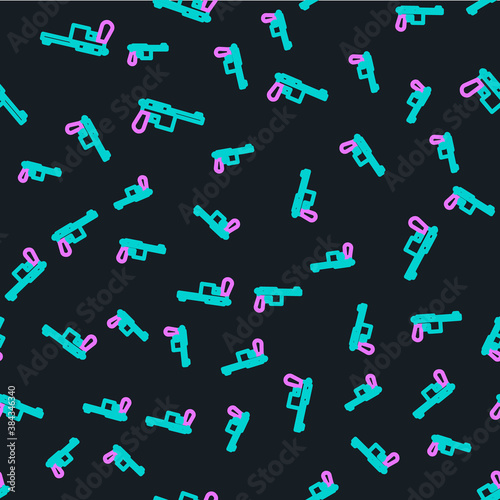 Line Mauser gun icon isolated seamless pattern on black background. Mauser C96 is a semi-automatic pistol. Vector.