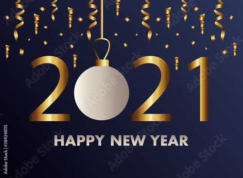 happy new year 2021 golden lettering with ball and confetti