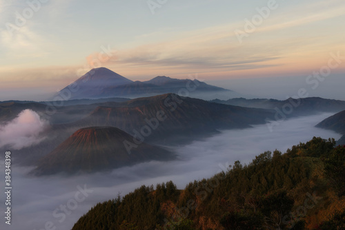 Sunrise over the smoking Gunung Bromo volcano, Bromo-Tengger-Semeru Java, Indonesia, Asia