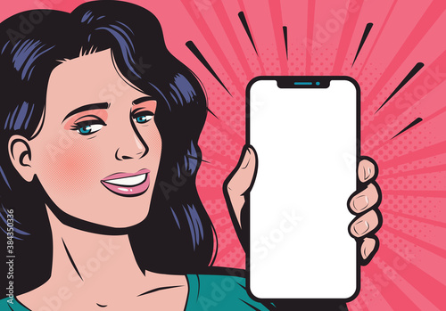 Beautiful young woman with smartphone. Mobile app vector illustration in style comic pop art