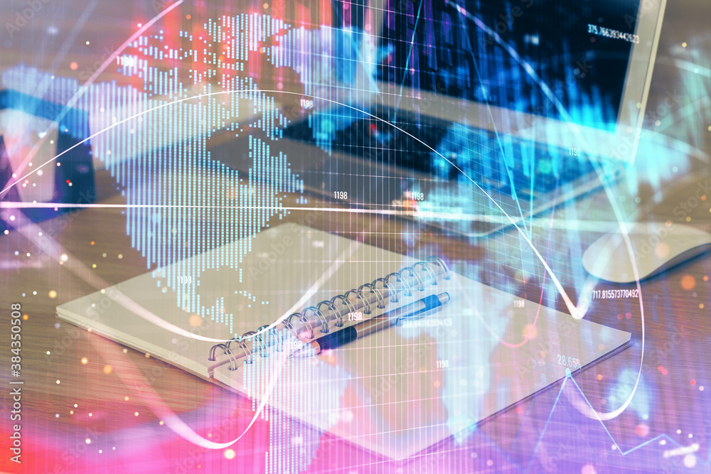 Multi exposure of business theme icons and work space with computer background. Concept of success. Multi exposure of business theme icons and work space with computer background. Concept of success.