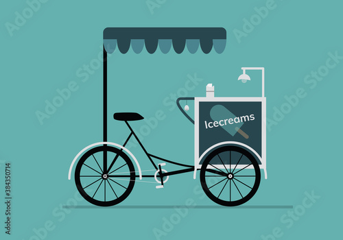 Detailed creative vector ice cream bicycle cart vintage classic design web background | Detailed retro ice cream vending cart 