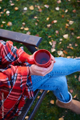 Beautiful young woman drinks tea from a red mug and reads a book outdoors in an autumn park, top view.