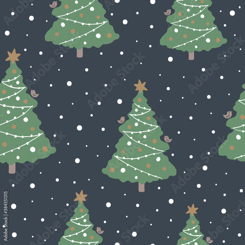 Simple vector repeat pattern with christmas tree in snowy night