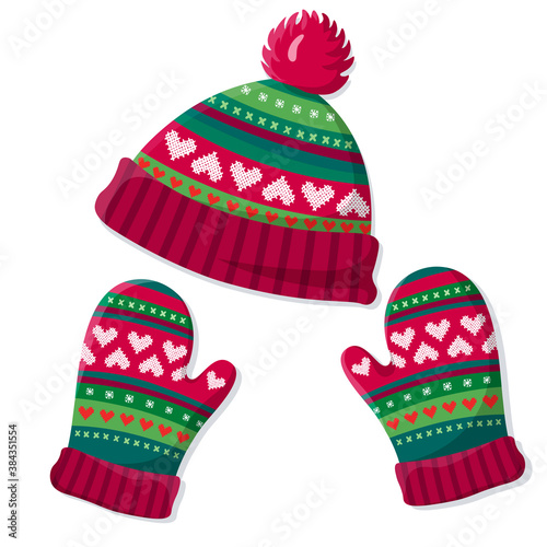 Warm knitted hat and mittens. Cute winter accessories cap and gloves isolated on white background. Vintage pattern wear design. Christmas flat vector illustration. 