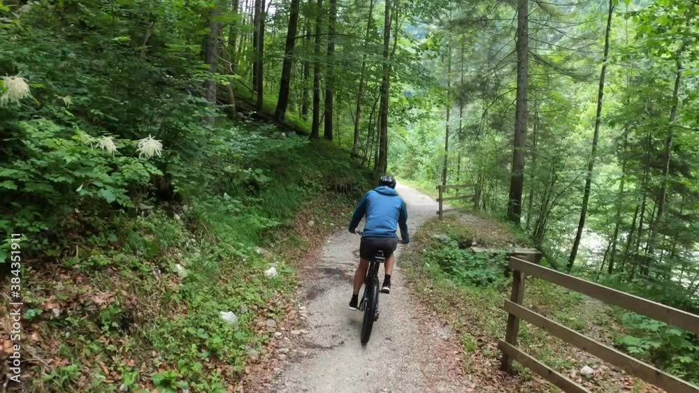 Mountain Biker MTB riding a trail through a lush forest, Austrian Alps, Ausseerland, Salzkammergut, Austria Mountain Biker MTB riding a trail through a lush forest, Austrian Alps, Ausseerland, Salzkammergut, Austria