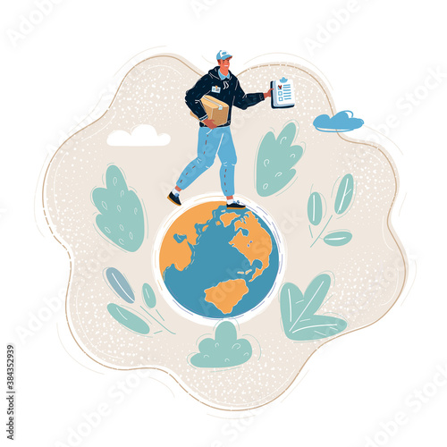 Vector illustration of male courier walk on planet earth to deliver package. Man and tiny globe on white background.
