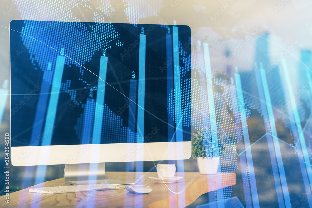 Financial chart drawing and table with computer on background. Multi exposure. Concept of international markets. Financial chart drawing and table with computer on background. Multi exposure. Concept of international markets.