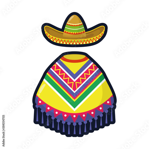 mexican culture poncho and mariachi hat flat style