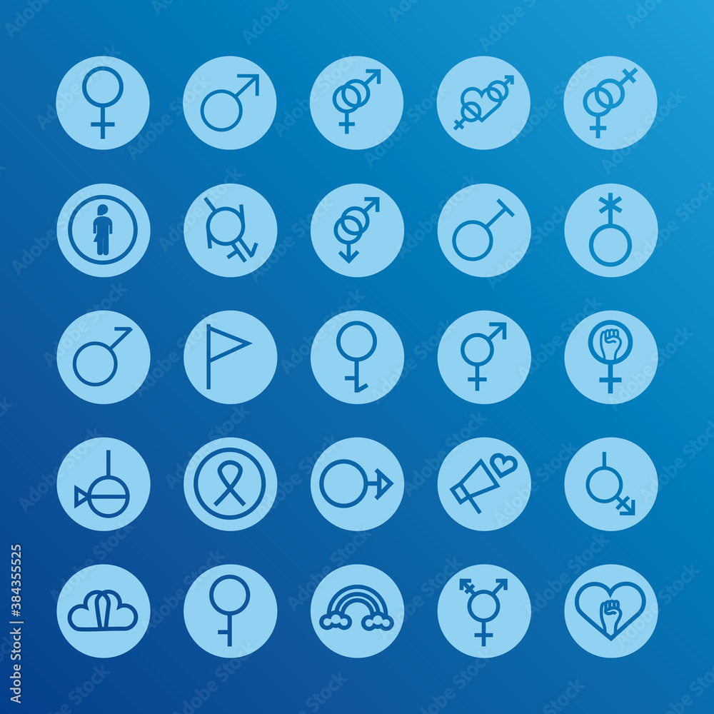 bundle of twenty five gender symbols of sexual orientation block style icons