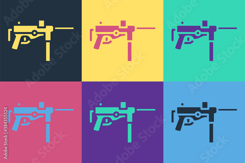 Pop art Submachine gun M3, Grease gun icon isolated on color background. Vector.