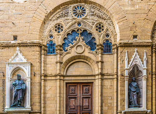 The statues in the niches of the Church Orsanmichele in via dei Calzaiuoli  built in the 14th century as a grain market and then converted into a church  Florence city center  Tuscany  Italy