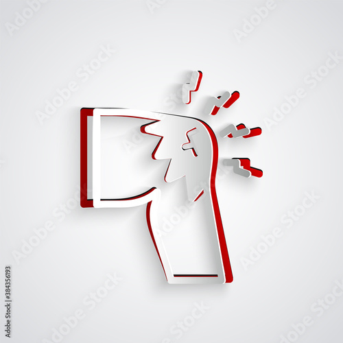 Paper cut Joint pain, knee pain icon isolated on grey background. Orthopedic medical. Disease of the joints and bones, arthritis. Paper art style. Vector.