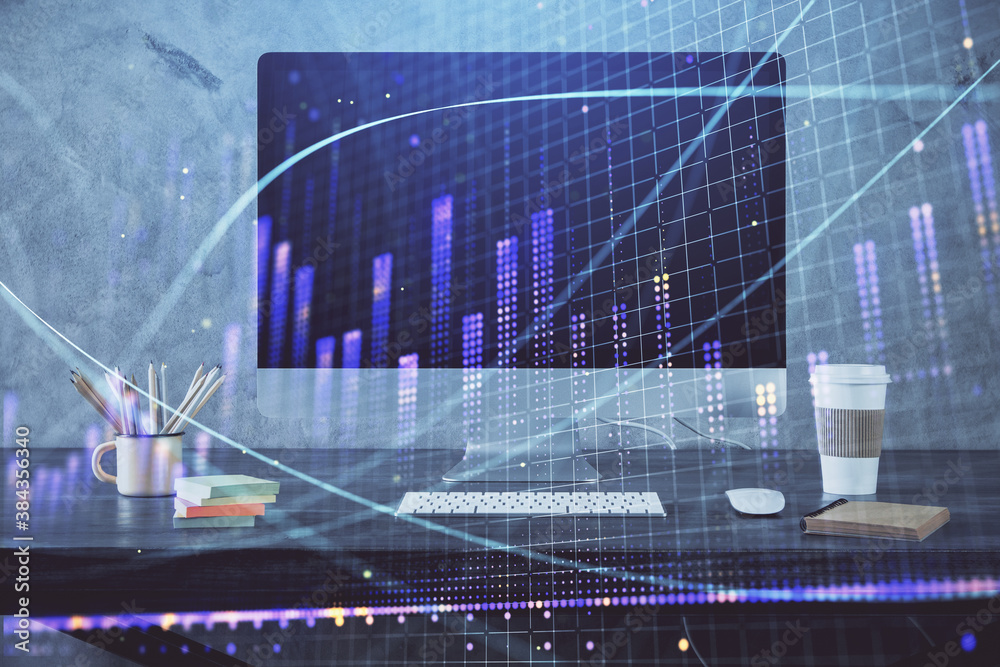 Financial market graph hologram and personal computer on background. Double exposure. Concept of forex. Financial market graph hologram and personal computer on background. Double exposure. Concept of forex.