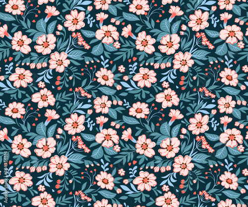 Trendy seamless vector floral pattern. Seamless print made of small white flowers and blue leaves . Summer and spring motifs. Black background. Vector illustration.