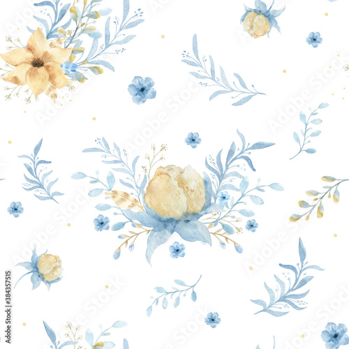 Watercolor seamless pattern with flowers, bohemian watercolour decoration pattern. Design for invitation, wedding or greeting cards