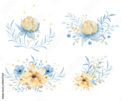 Hand drawn watercolor bouquet illustration. Isolated Botanical wreathes of green branches and flower leaves. Spring and summer mood. Wedding blossom Floral Design element