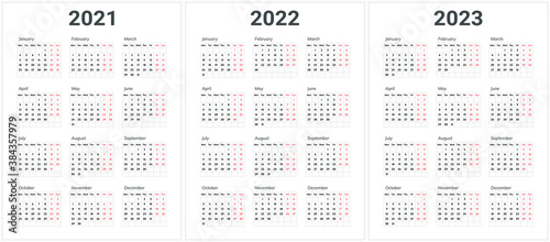 Calendar design for 2021, 2022, 2023 year. Beginning of the week with monday.