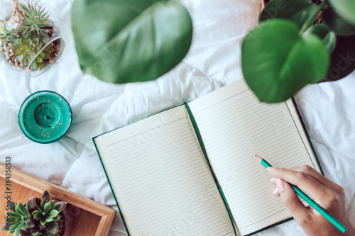 Canvas Print Woman preparing to write down in blank notebook lying on bed, succulents and pla