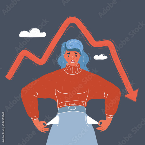 Vector illustration of Poor woman turns her pockets. Without money and work. Economic crisis concept on dark background.