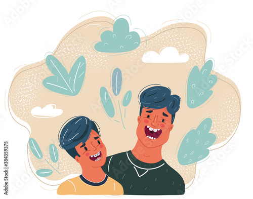 Vector illustration of Father told a funny story to his son. Close-up laughing faces on dark background.