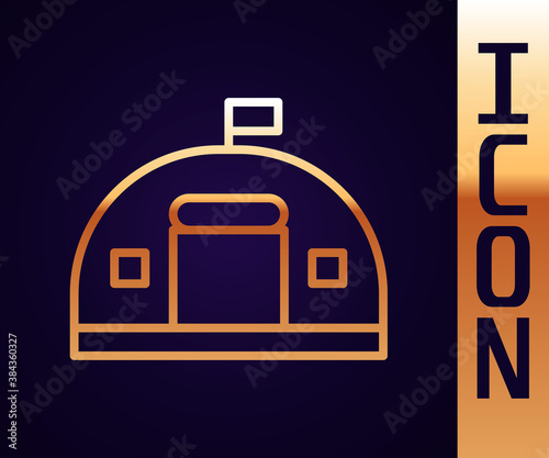 Gold line Military barracks station icon isolated on black background. Airstrikes architecture army. Vector.