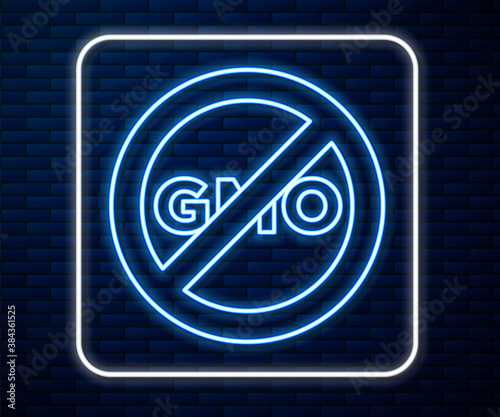 Glowing neon line No GMO icon isolated on brick wall background. Genetically modified organism acronym. Dna food modification. Vector.