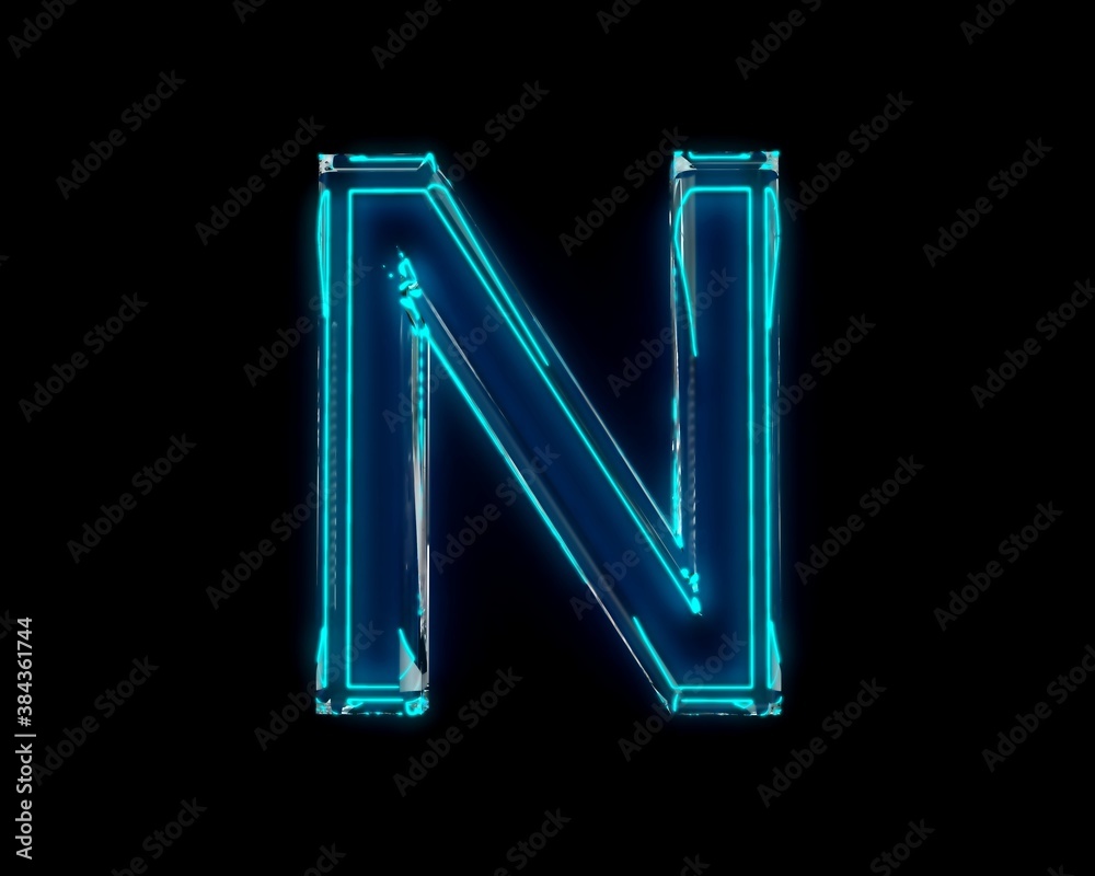 Blue glossy neon light glow reflective clear alphabet - letter N isolated on black background, 3D illustration of symbols