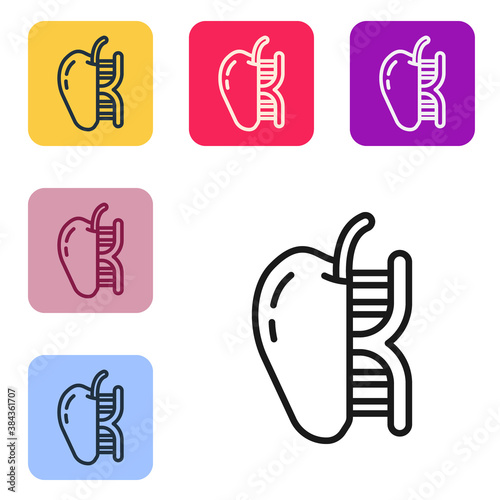 Black line Genetically modified apple icon isolated on white background. GMO fruit. Set icons in color square buttons. Vector.