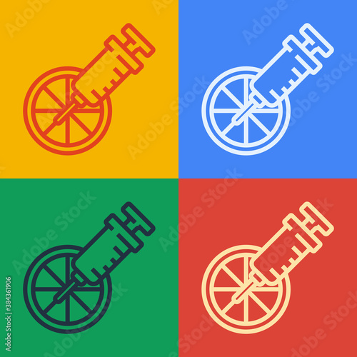 Pop art line Genetically modified citrus fruit icon isolated on color background. Orange in a cut. Healthy lifestyle. GMO fruit. Vector.
