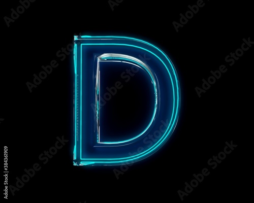 Blue glossy neon light glow glassy crystal font - letter D isolated on black background, 3D illustration of symbols