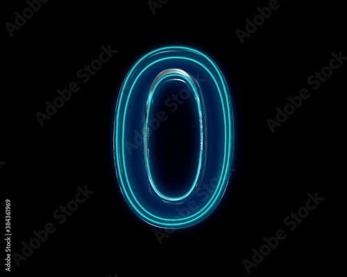 Blue shiny neon light glow glassy crystal alphabet - number 0 isolated on black background, 3D illustration of symbols